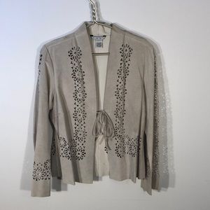 CAbi Cream Leather Floral Cutout Tie Front Jacket 236 L